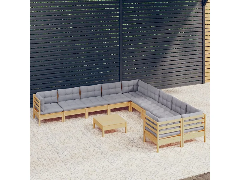 11 pcs conjunto lounge de jardim c/ almofadões cinza pinho