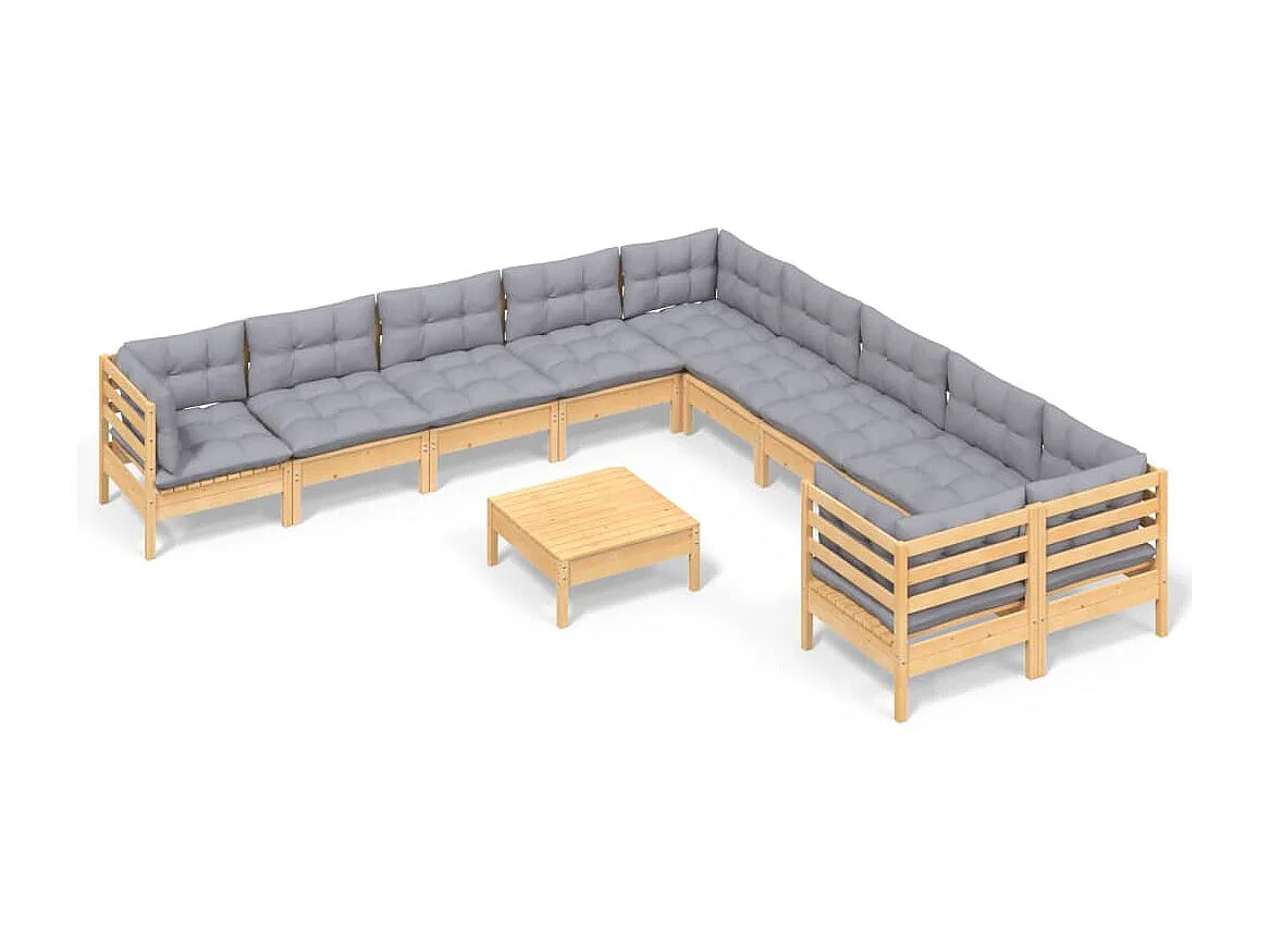 Set Divani da Giardino 11 pz con Cuscini Grigi Massello di Pino