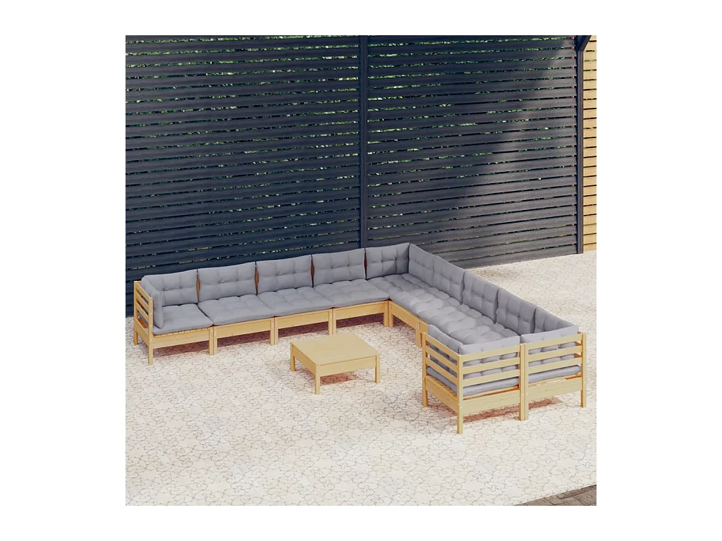 11-delige Loungeset met grijze kussens grenenhout