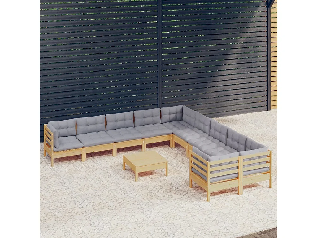 11 pcs conjunto lounge de jardim c/ almofadões cinza pinho