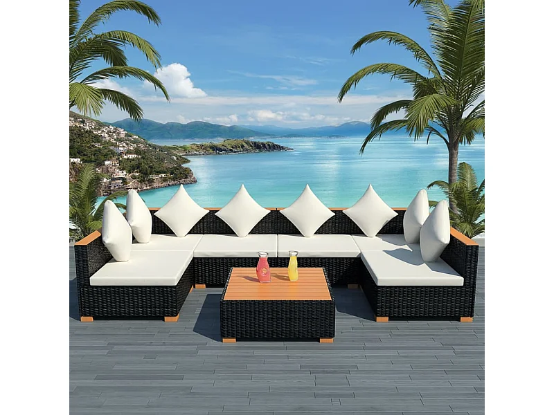 7-tlg. Garten-Lounge-Set mit Auflagen Poly Rattan Schwarz