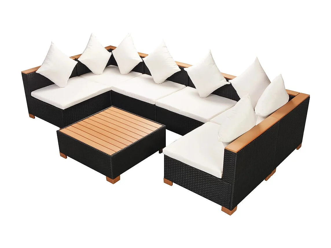 Salon de jardin 7 pcs avec coussins Résine tressée Noir