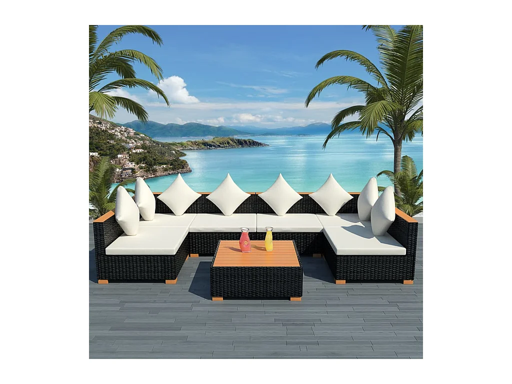 Salon de jardin 7 pcs avec coussins Résine tressée Noir