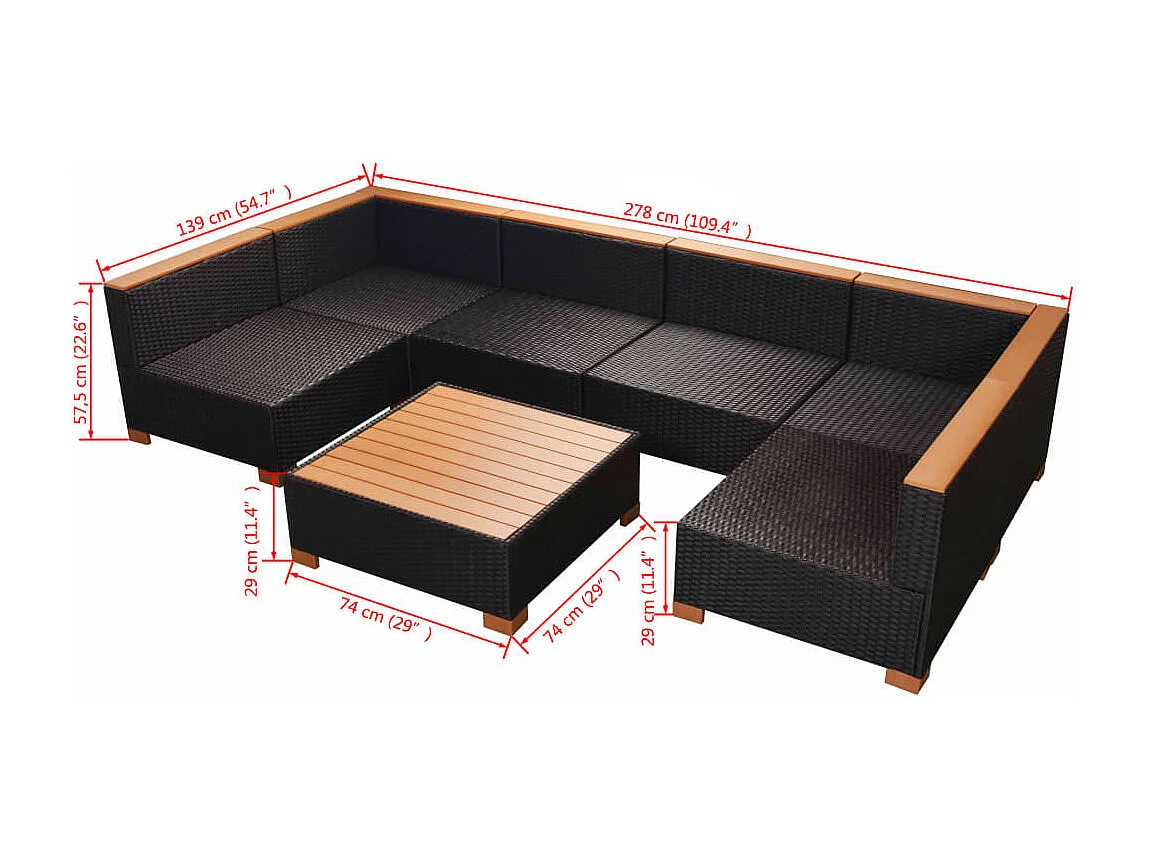 7-tlg. Garten-Lounge-Set mit Auflagen Poly Rattan Schwarz