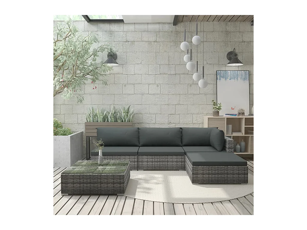 5-delige Loungeset met kussens poly rattan grijs