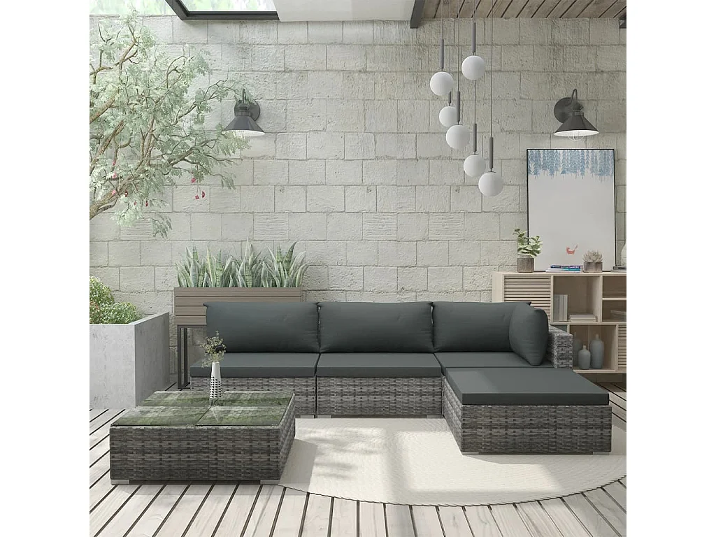 Salon de jardin 5 pcs avec coussins résine tressée gris