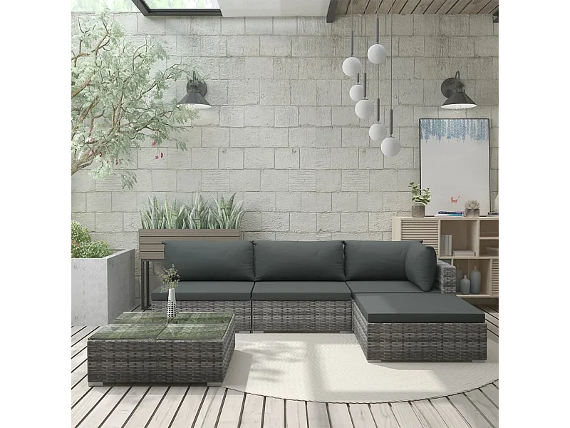 5-tlg. Garten-Lounge-Set mit Auflagen Poly Rattan Grau