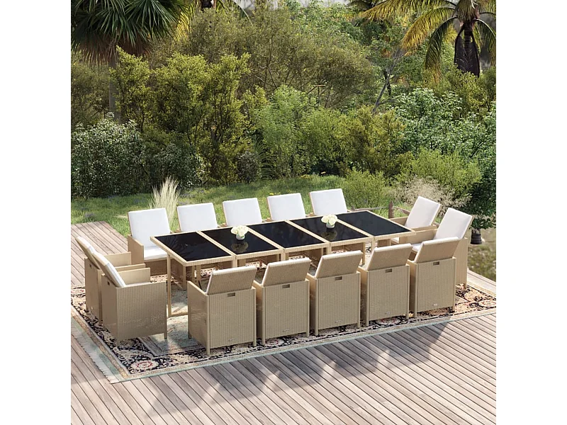 Ensemble à manger de jardin coussins 15pcs Résine tressée Beige