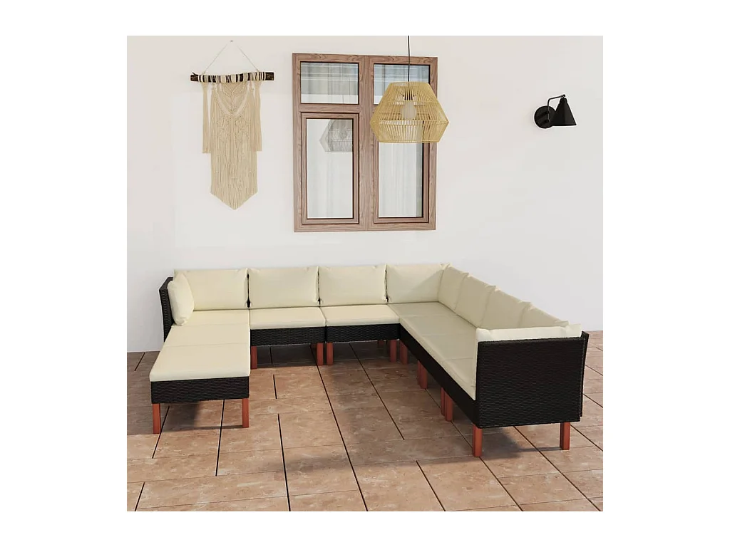 Salon de jardin 9 pcs avec coussins Résine tressée Noir
