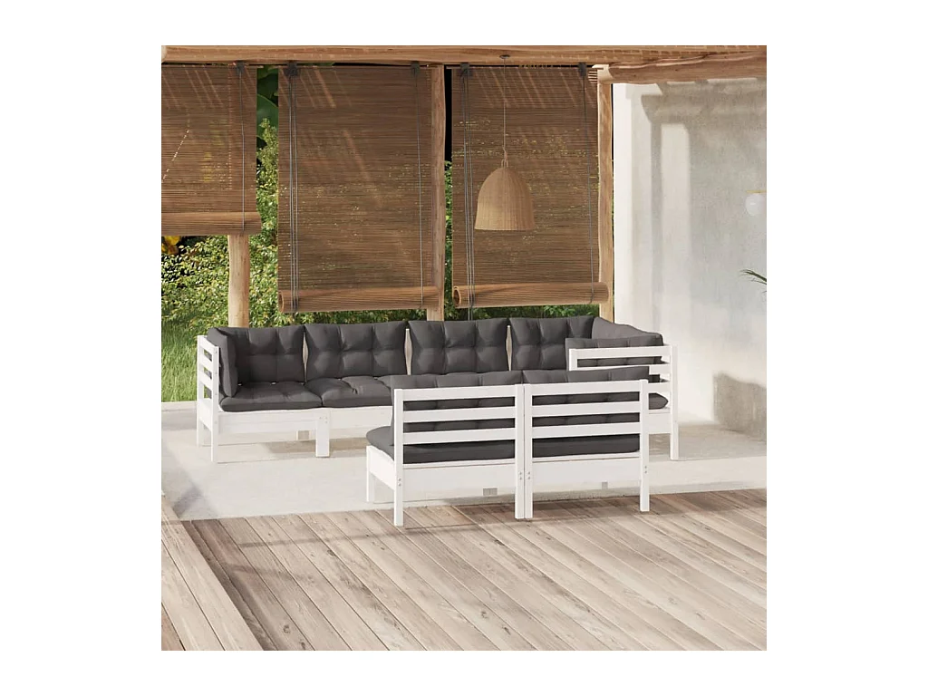7-tlg. Garten-Lounge-Set mit Kissen Weiß Kiefer Massivholz