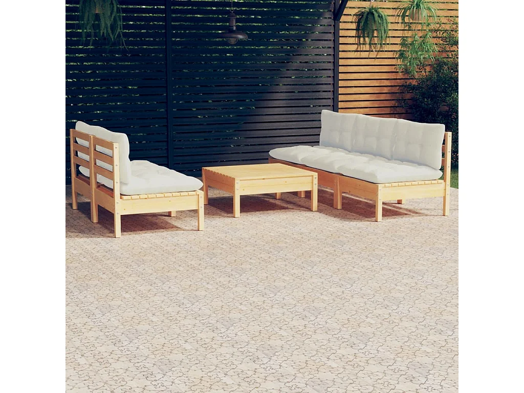 Set Salotto da Giardino 6 pz con Cuscini Crema Legno di Pino