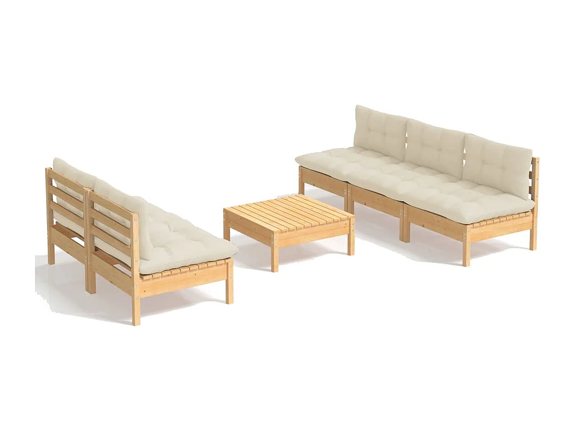 Set Salotto da Giardino 6 pz con Cuscini Crema Legno di Pino