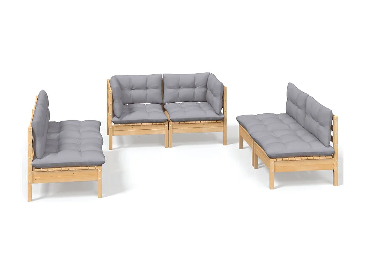Salon de jardin 6 pcs avec coussins gris Bois de pin massif