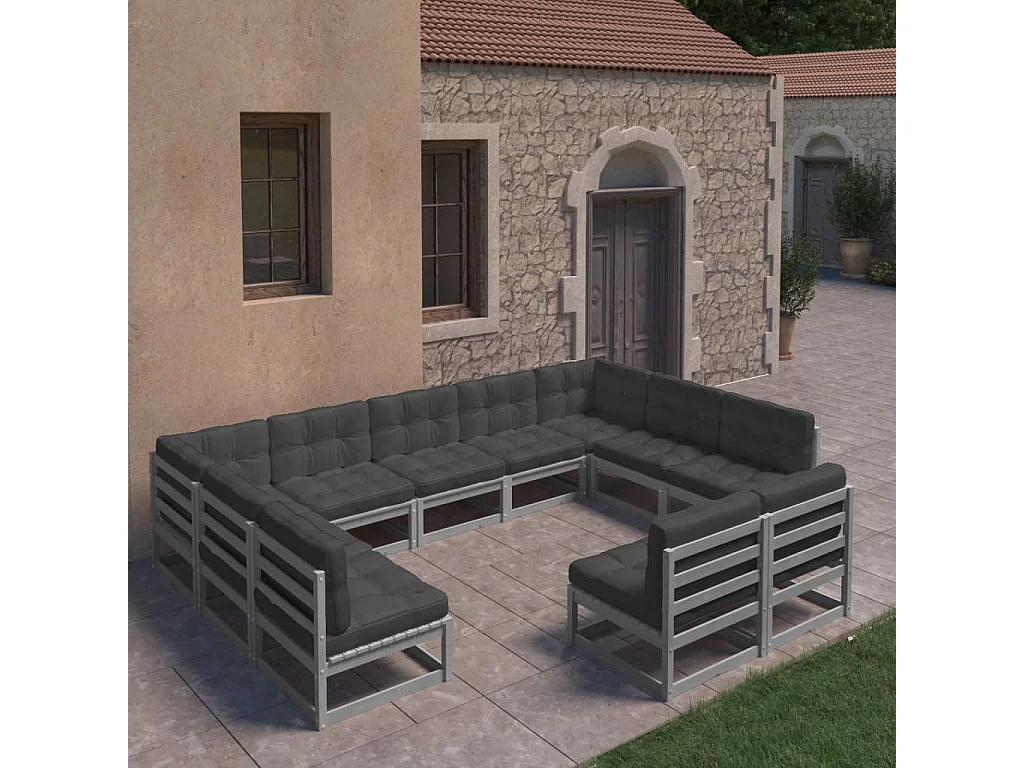 11-tlg. Garten-Lounge-Set mit Kissen Grau Kiefer Massivholz