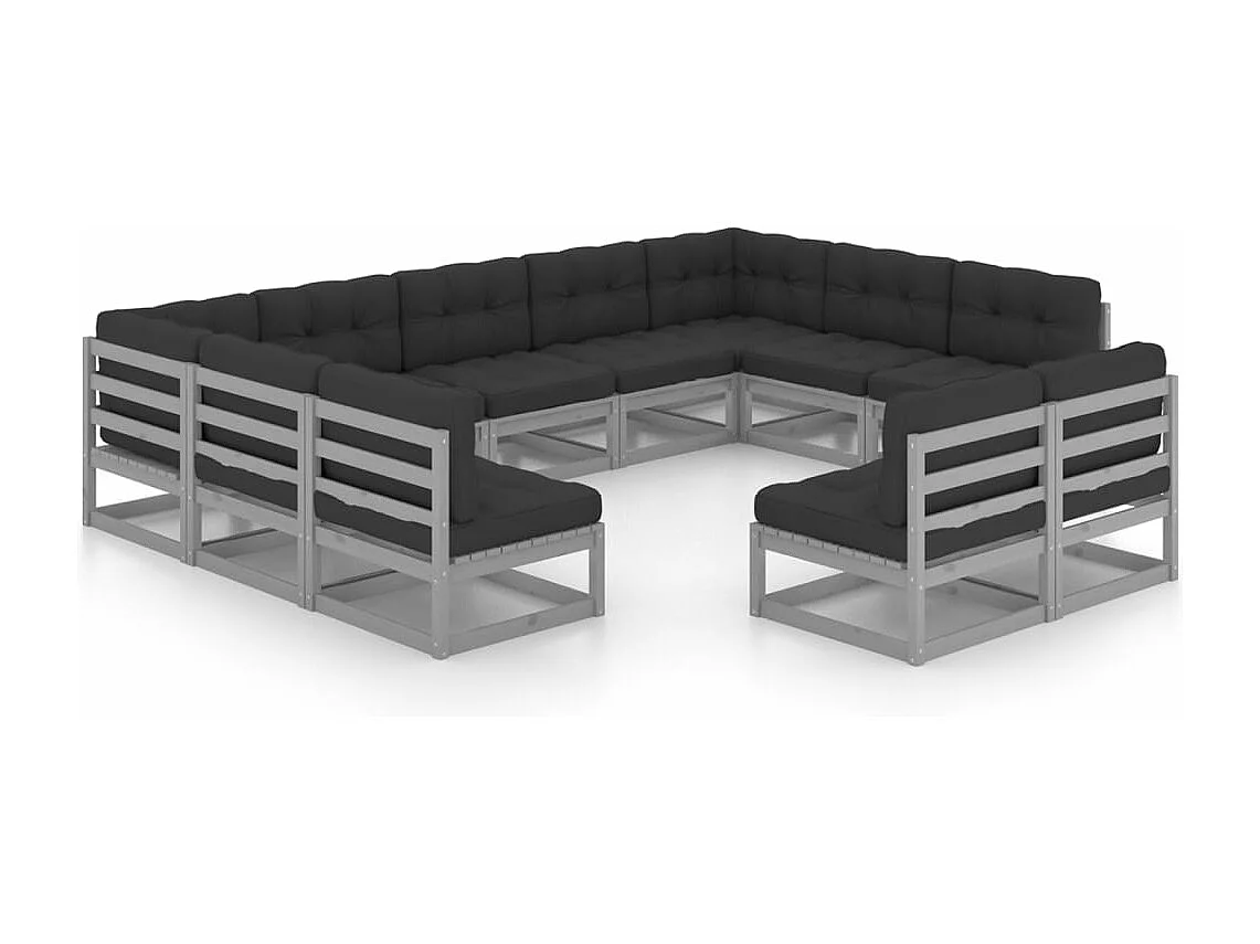 11-tlg. Garten-Lounge-Set mit Kissen Grau Kiefer Massivholz