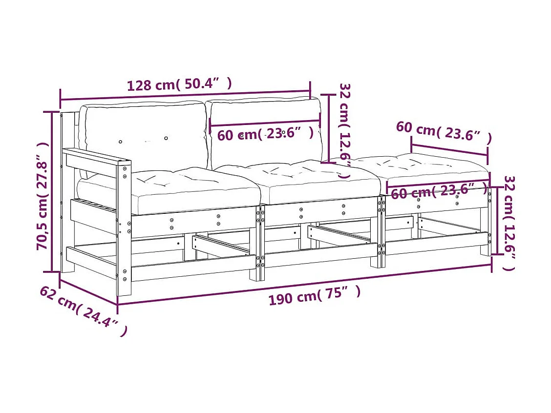 Salon de jardin 3 pcs avec coussins bois massif
