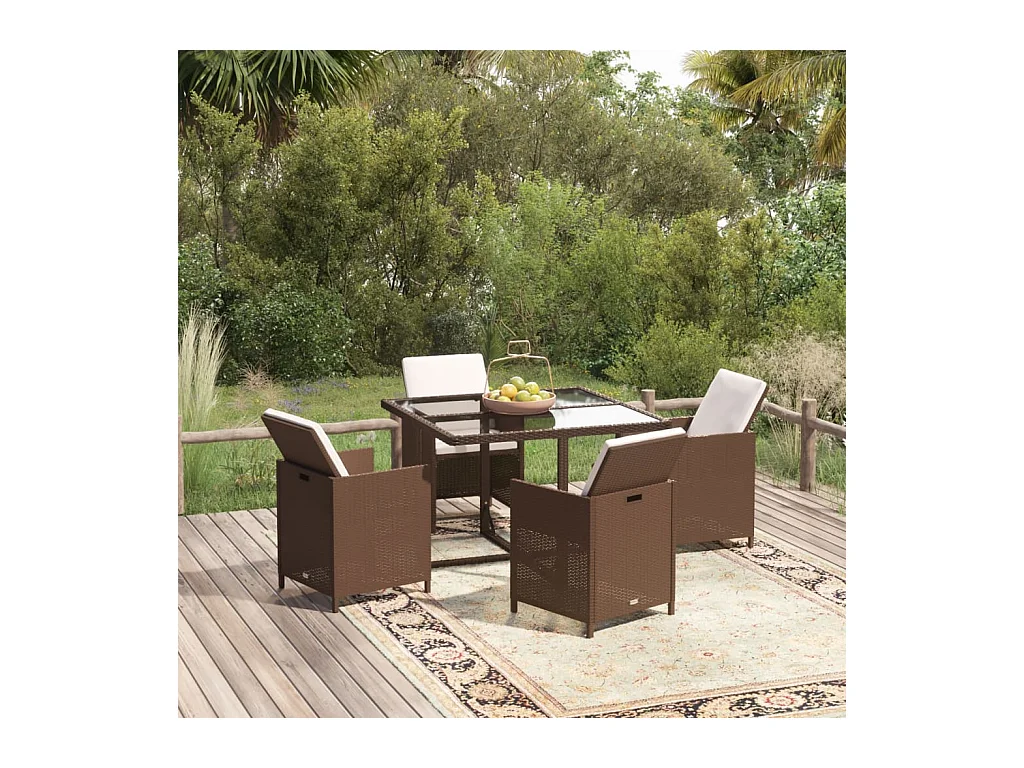 Ensemble à dîner de jardin avec coussins 5 pcs poly rotin brun