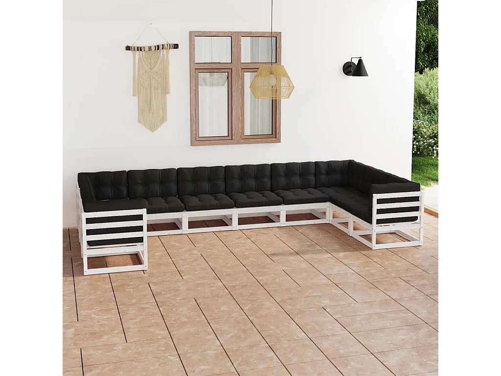Salon de jardin 10 pcs avec coussins Blanc Bois de pin massif