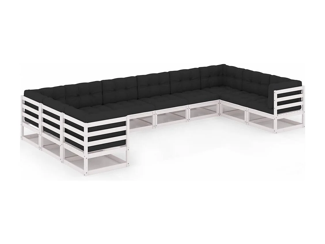 Salon de jardin 10 pcs avec coussins Blanc Bois de pin massif