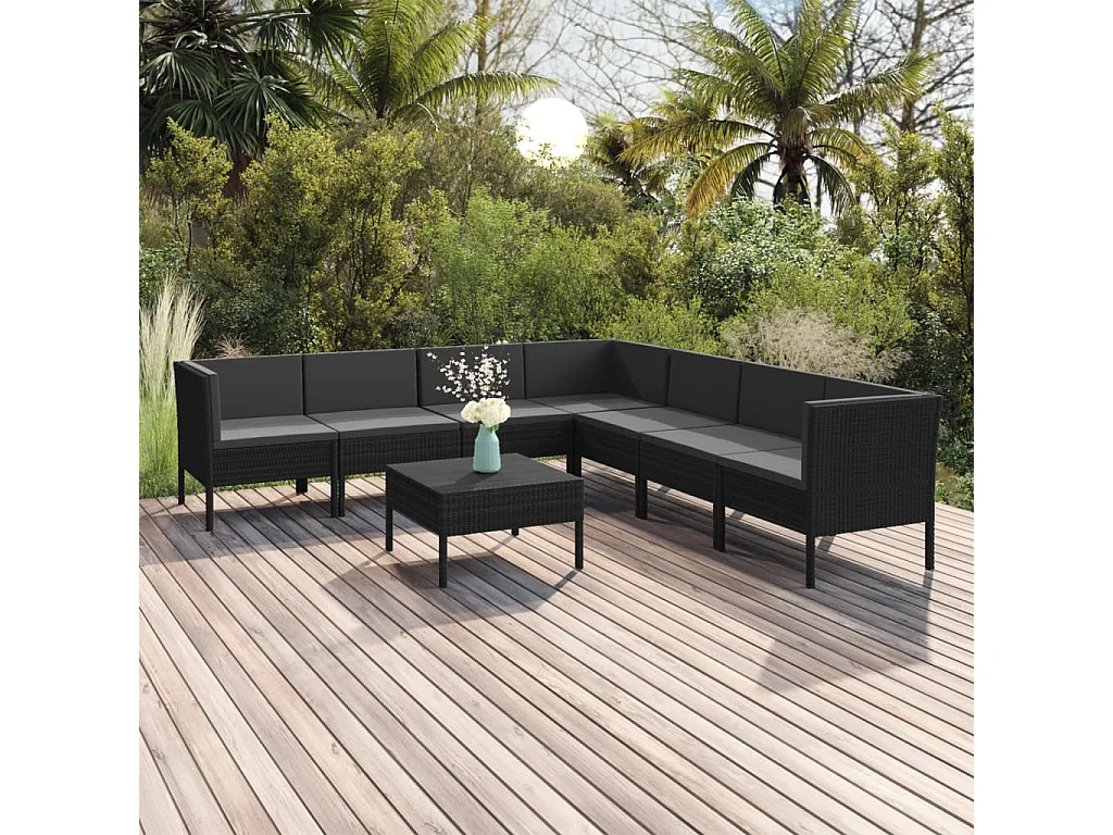 Salon de jardin 8 pcs avec coussins résine tressée noir