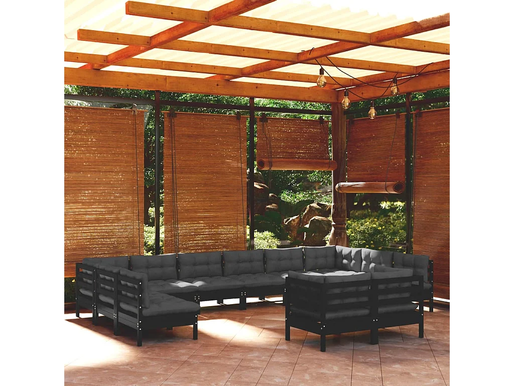 12 pcs conjunto lounge jardim c/ almofadões pinho maciço preto