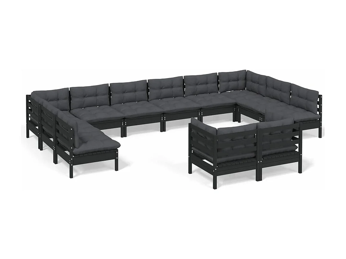 12 pcs conjunto lounge jardim c/ almofadões pinho maciço preto