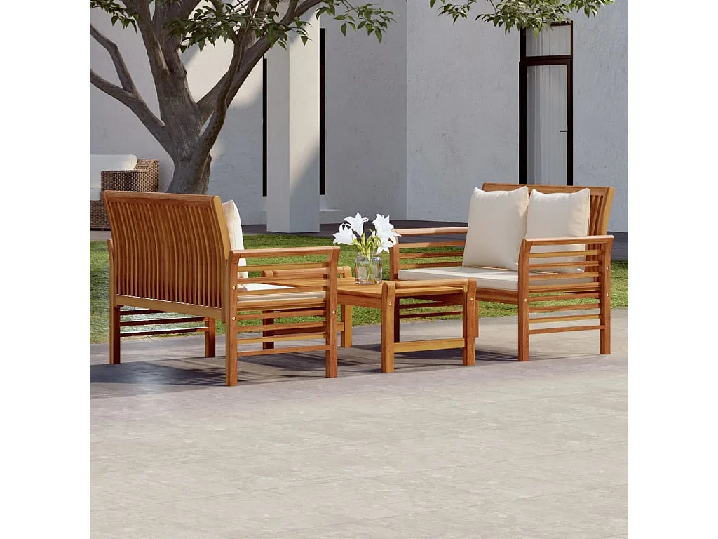 3 pcs conjunto lounge de jardim c/ almofadões acácia maciça