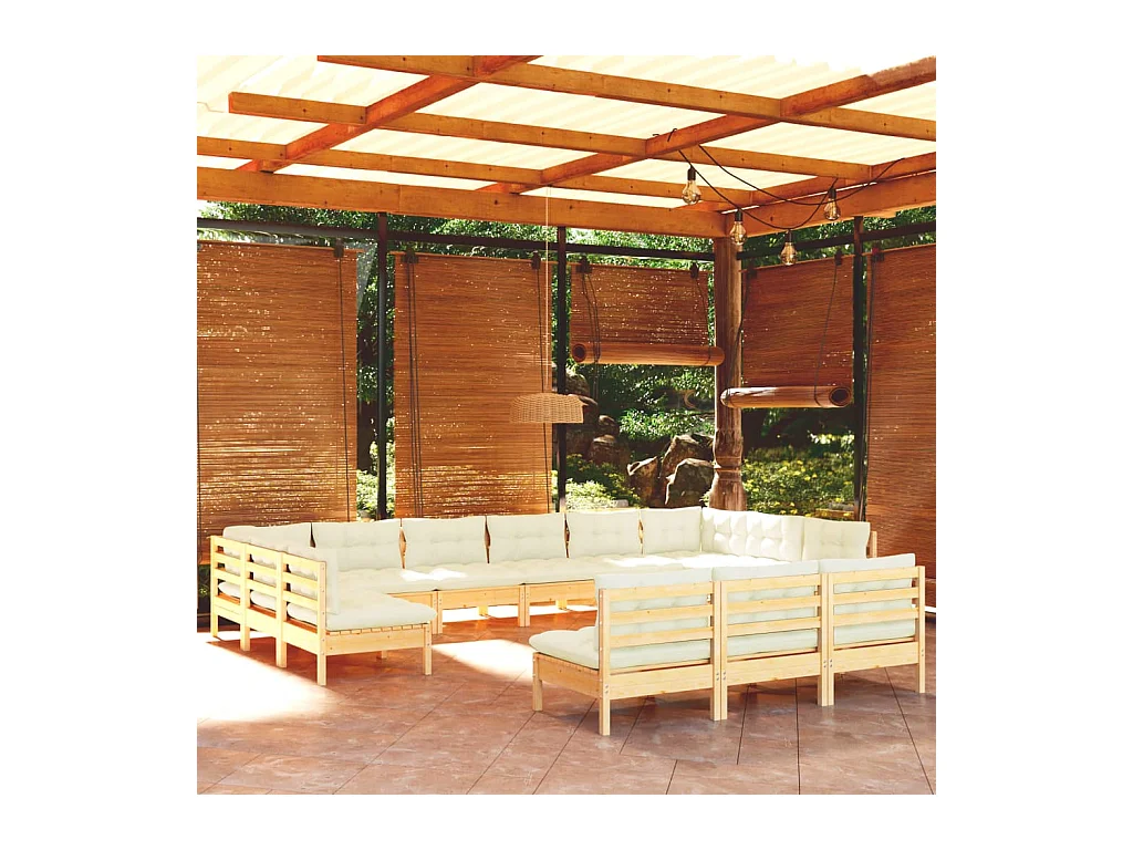 Set Divani da Giardino 13 pz con Cuscini Crema Massello di Pino