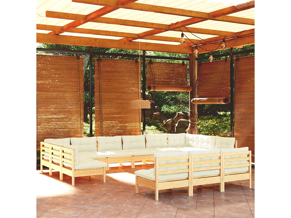 13-tlg. Garten-Lounge-Set mit Creme Kissen Massivholz Kiefer