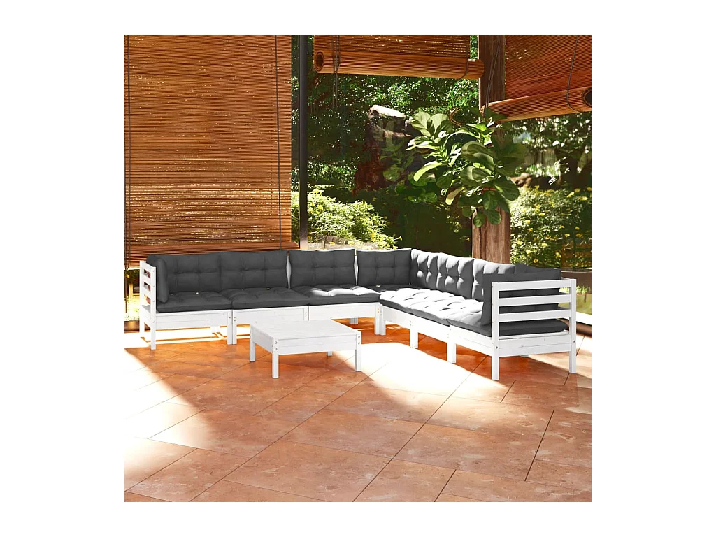 Salon de jardin 8 pcs avec coussins blanc bois de pin massif