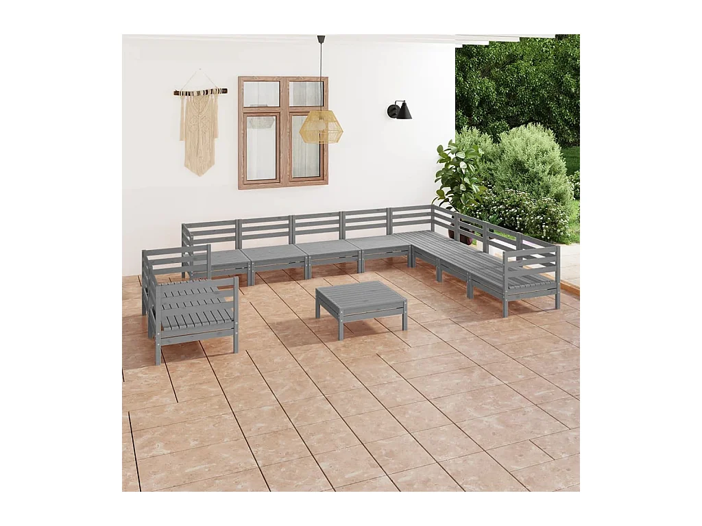 Salon de jardin 11 pcs Bois de pin massif Gris