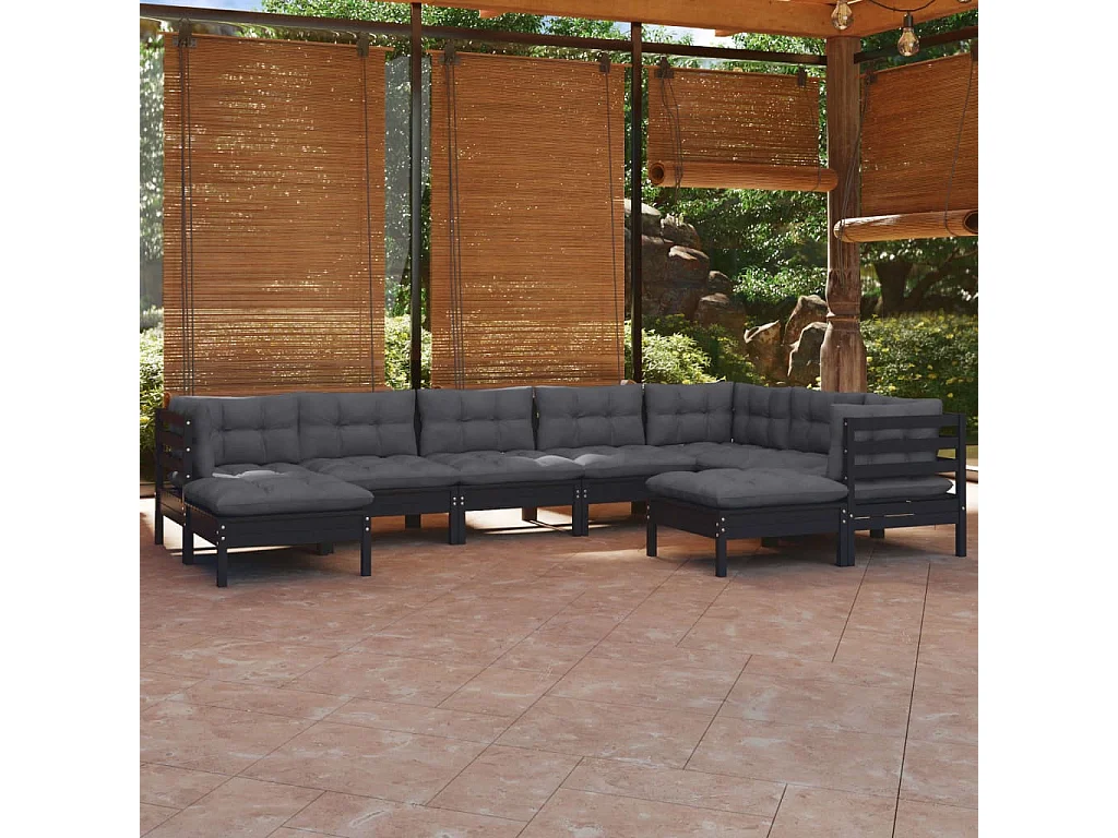 9 pcs conjunto lounge jardim c/ almofadões pinho maciço preto