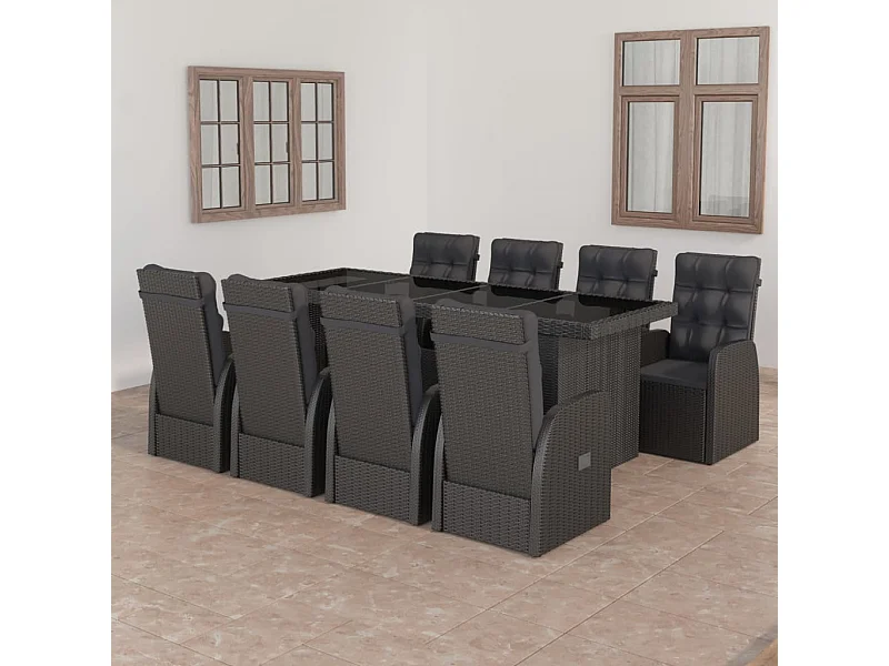 Set comedor de jardín 9 piezas y cojines ratán sintético negro