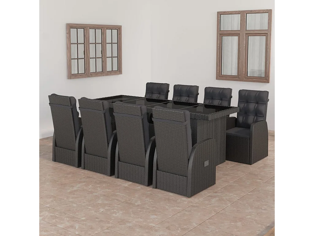 Ensemble à manger d'extérieur 9pcs coussins résine tressée noir