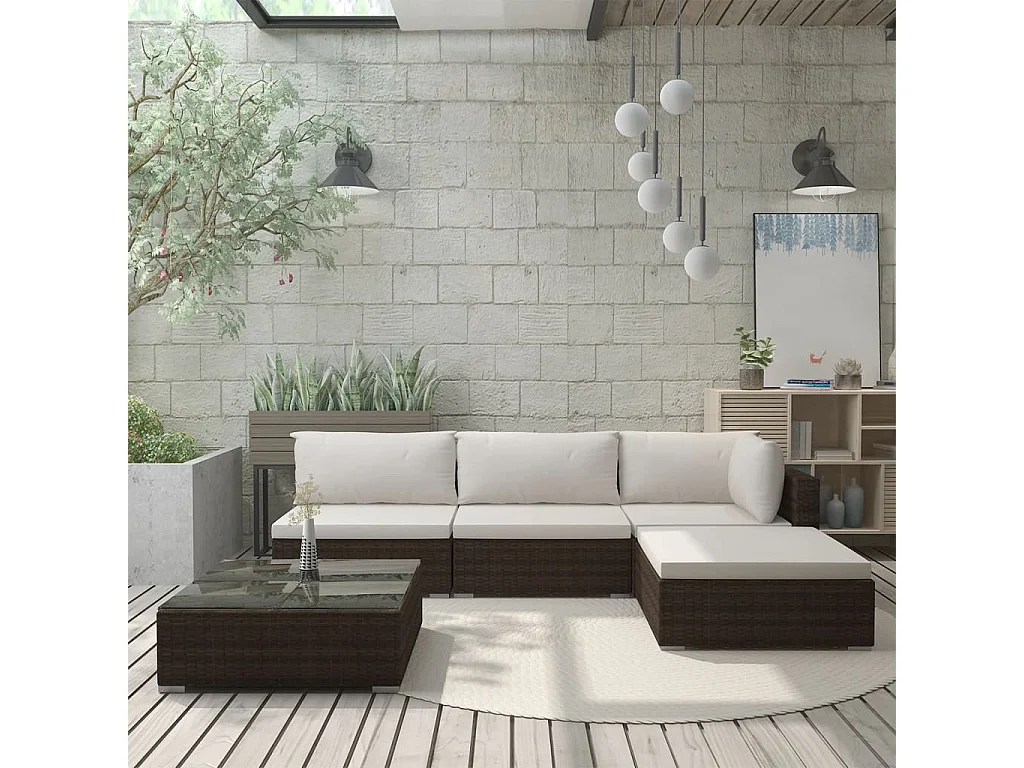 Set Divani da Giardino 5 pz con Cuscini in Polyrattan Marrone