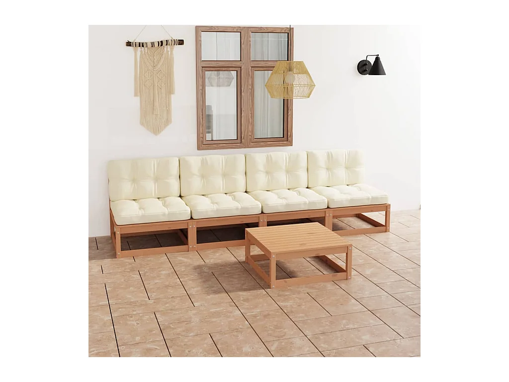 Set Divani da Giardino 5 pz con Cuscini Legno Massello di Pino