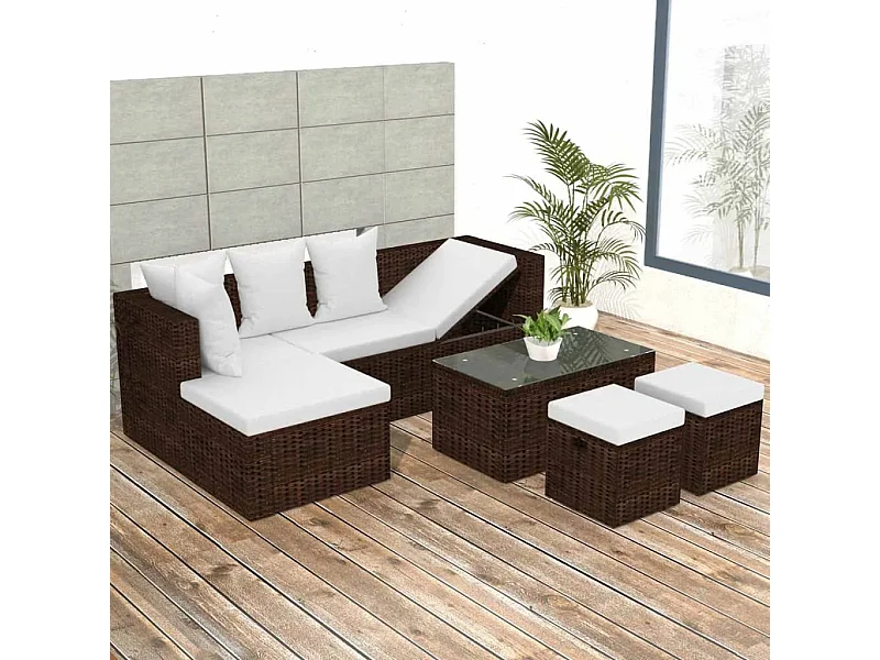 4-delige Loungeset met kussens poly rattan bruin