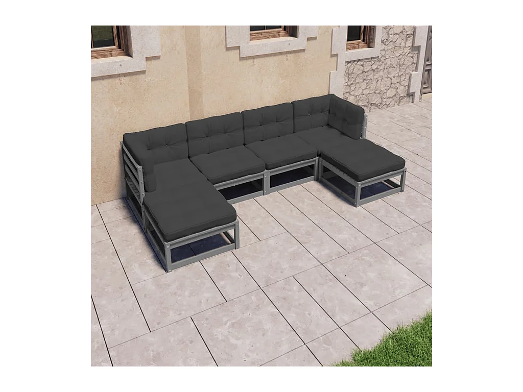 Salon de jardin 6 pcs avec coussins Gris Bois de pin massif