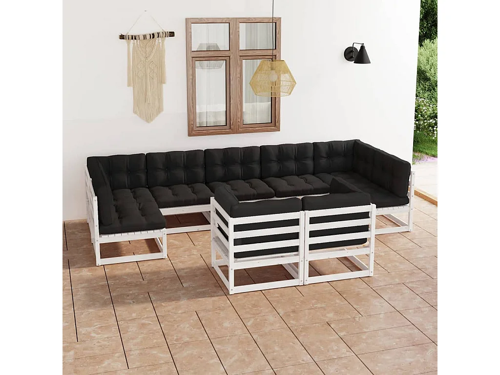 9-delige Loungeset met kussens massief grenenhout wit