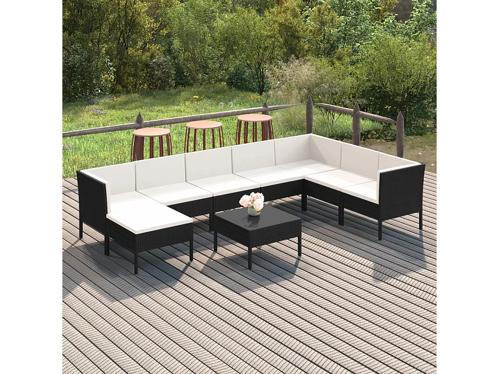 9-tlg. Garten-Lounge-Set mit Auflagen Poly Rattan Schwarz