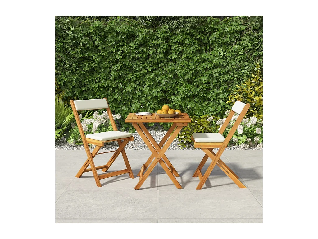 Ensemble de bistro pliable 3 pcs avec coussins Acacia solide