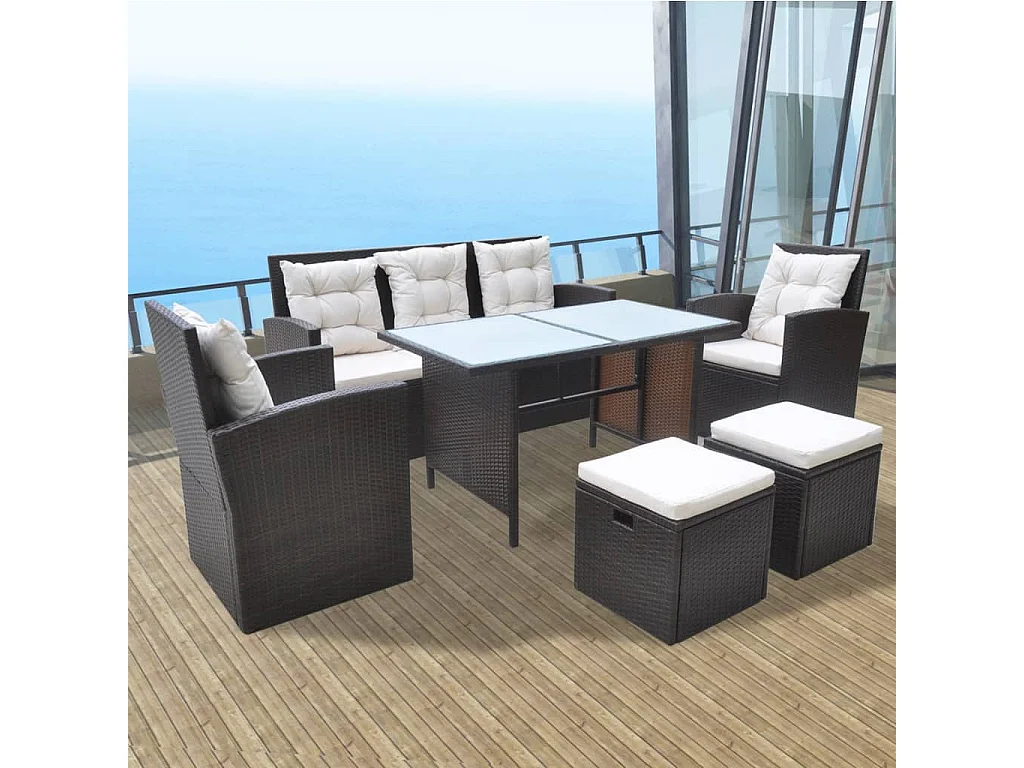 6-tlg. Garten-Essgruppe mit Kissen Poly Rattan Braun