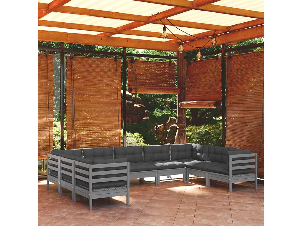 Salon de jardin 9 pcs avec coussins gris bois de pin