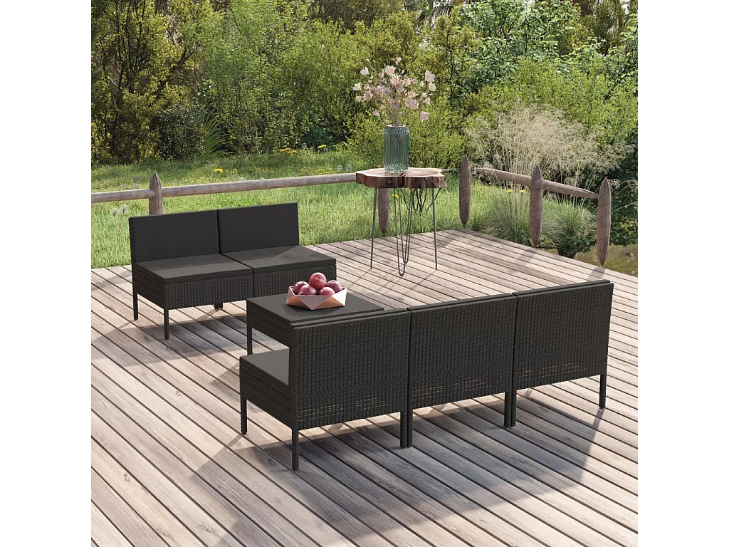 Set Divani da Giardino 6 pz con Cuscini in Polyrattan Nero