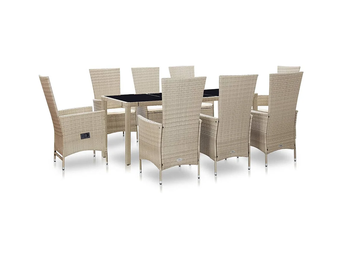 Ensemble à manger d'extérieur et coussins 9 pcs résine tressée