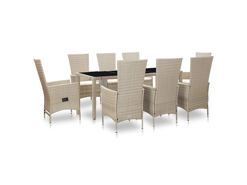 9 pcs conjunto jantar exterior com almofadões vime PE bege