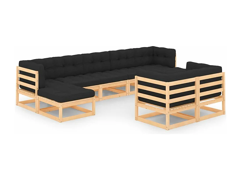Set Salotto Giardino 9 pz Cuscini Antracite Legno Massello Pino