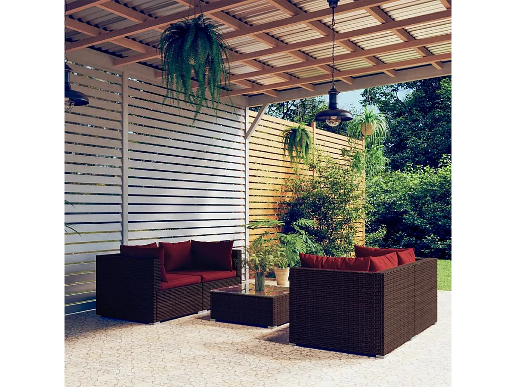 Salon de jardin 5 pcs avec coussins Résine tressée Marron