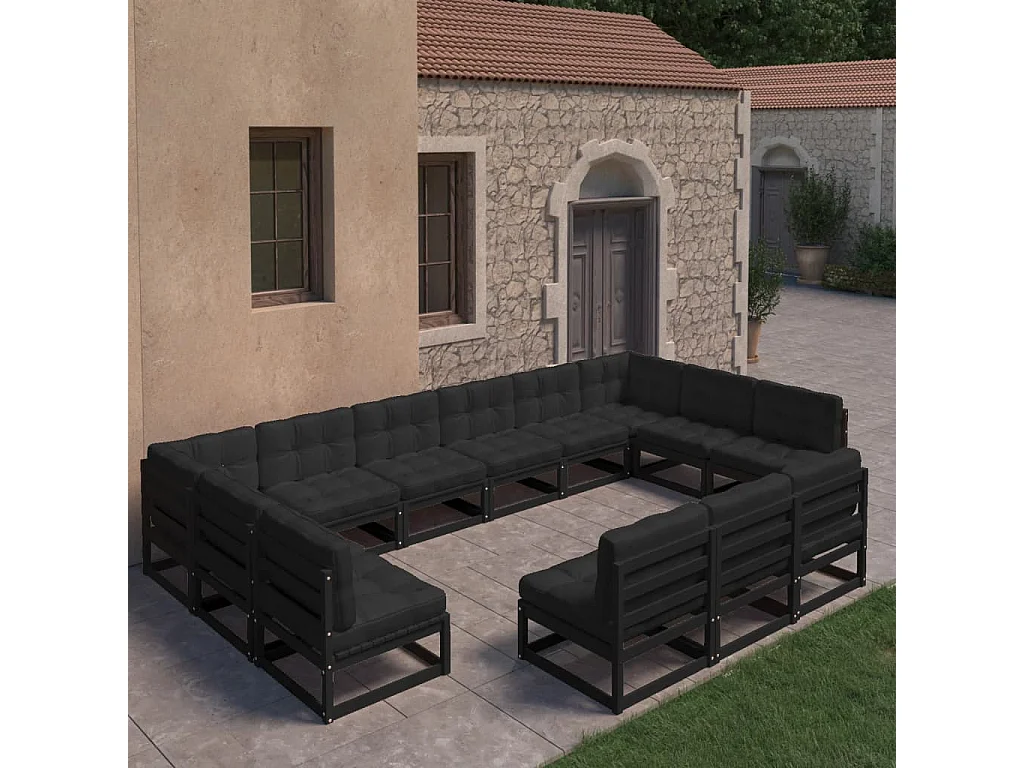13 pcs conjunto longue jardim c/ almofadões pinho maciço preto