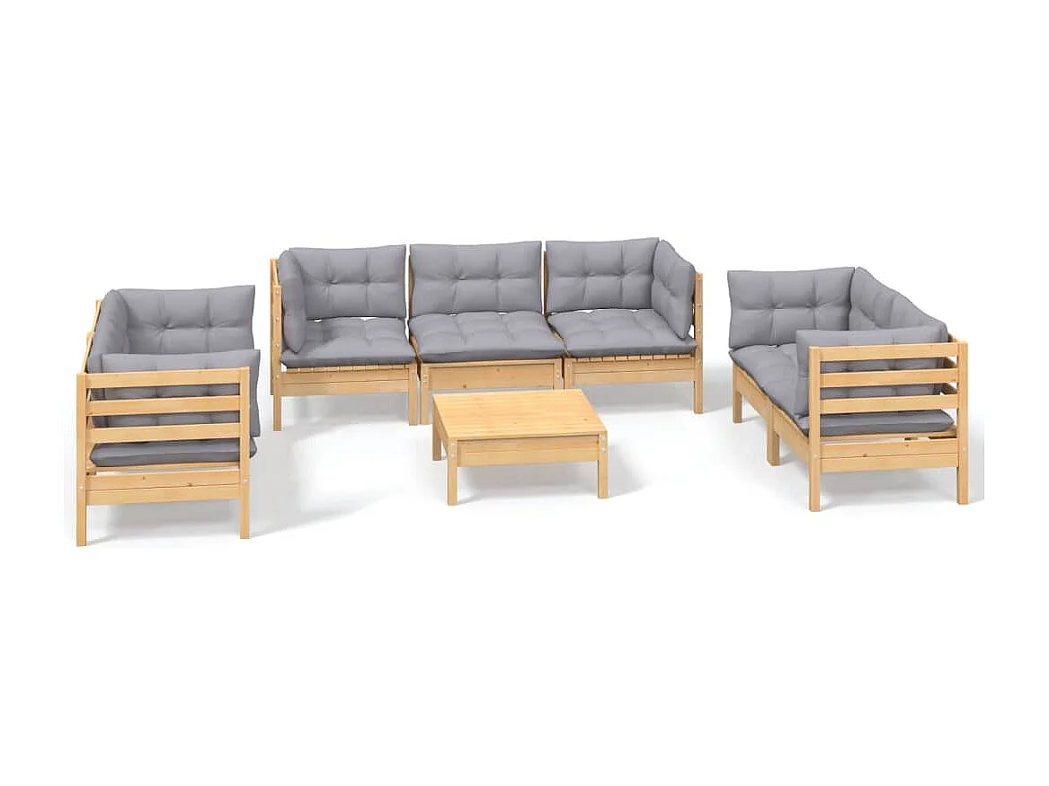 Set Divani da Giardino 8 pz con Cuscini Grigi Massello di Pino